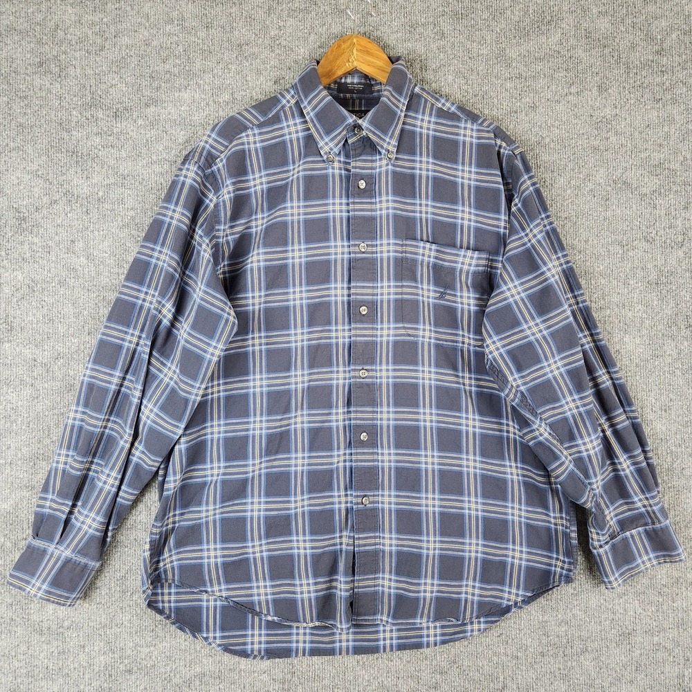 Nautica Shirt Mens Blue Plaid Long Sleeve Button Down Cotton Large Pocket Logo